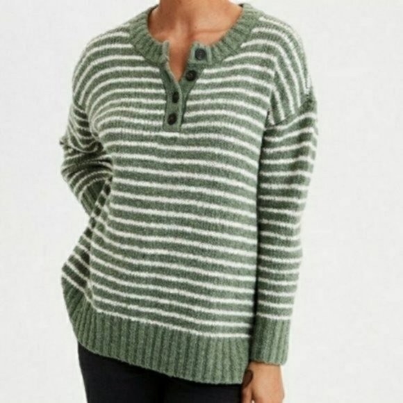 American Eagle Outfitters Sweaters - American Eagle Jegging Fit Striped Henley Sweater Green Size M